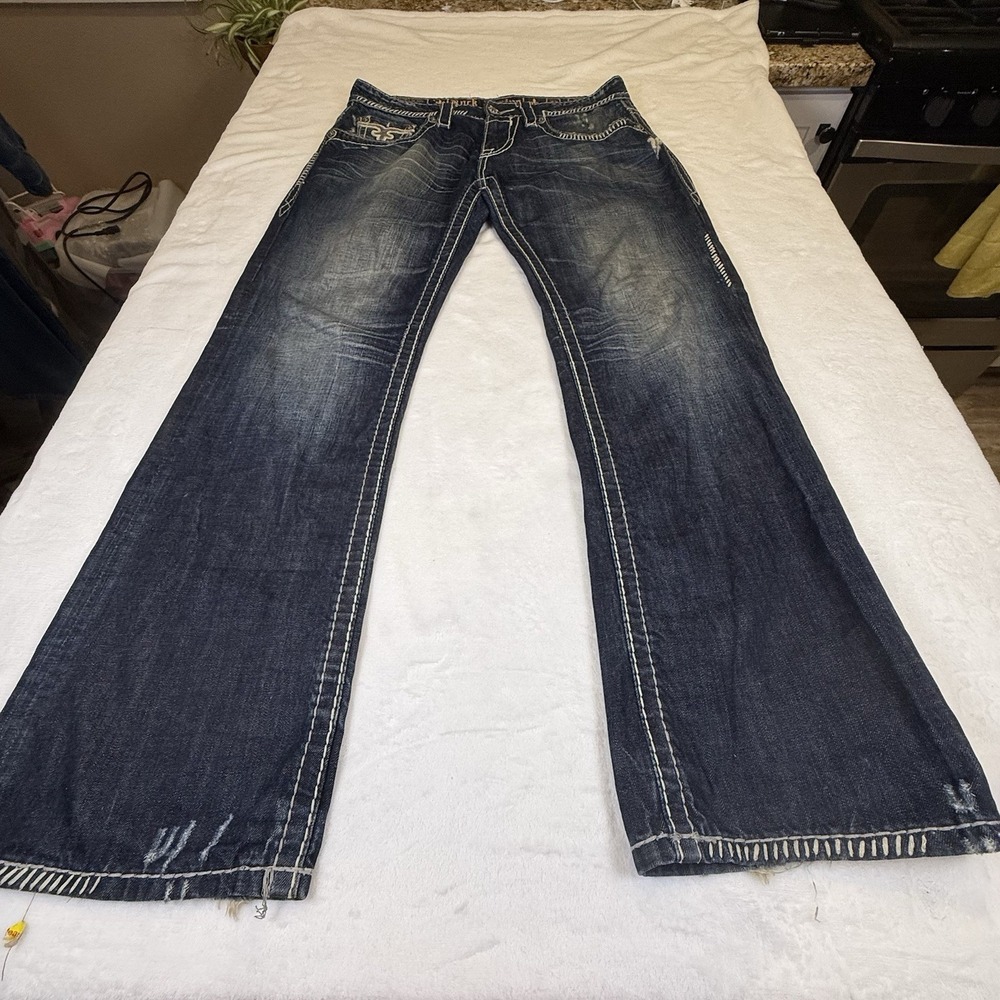 Rock Revival Richie Mens Jeans 36x31 Dark Wash Bootcut Distressed Y2K Denim